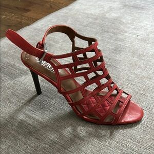 Ralph Lauren Red Heeled Sandals with Intricate Design